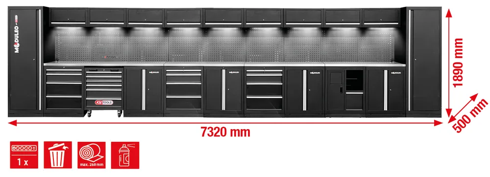 MODULEO Dielenský skriňový systém, rovný, 7320 x 500 mm, variant 1 KS Tools 866.6310