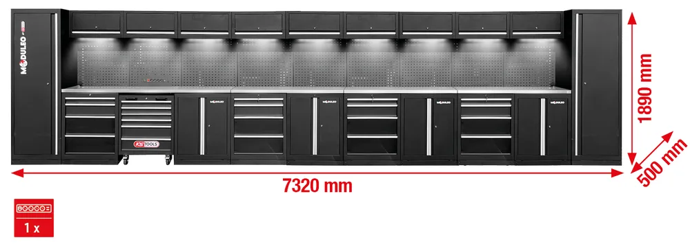 MODULEO Dielenský skriňový systém, rovný, 7320 x 500 mm, variant 2 KS Tools 866.6315