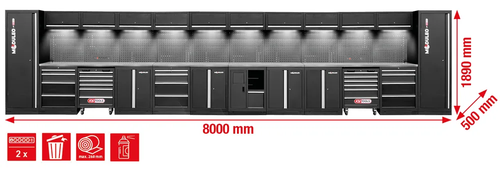 MODULEO Dielenský skriňový systém, rovný, 8000 x 500 mm, variant 1 KS Tools 866.6255