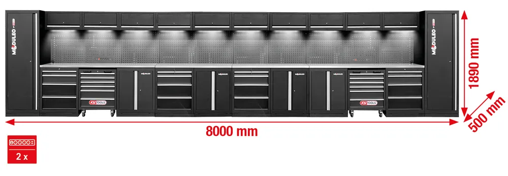 MODULEO Dielenský skriňový systém, rovný, 8000 x 500 mm, variant 2 KS Tools 866.6260