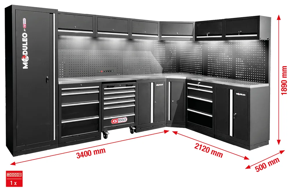 MODULEO Dielenský skriňový systém, tvar L, 3400 x 2120 mm, variant 1 KS Tools 866.6210