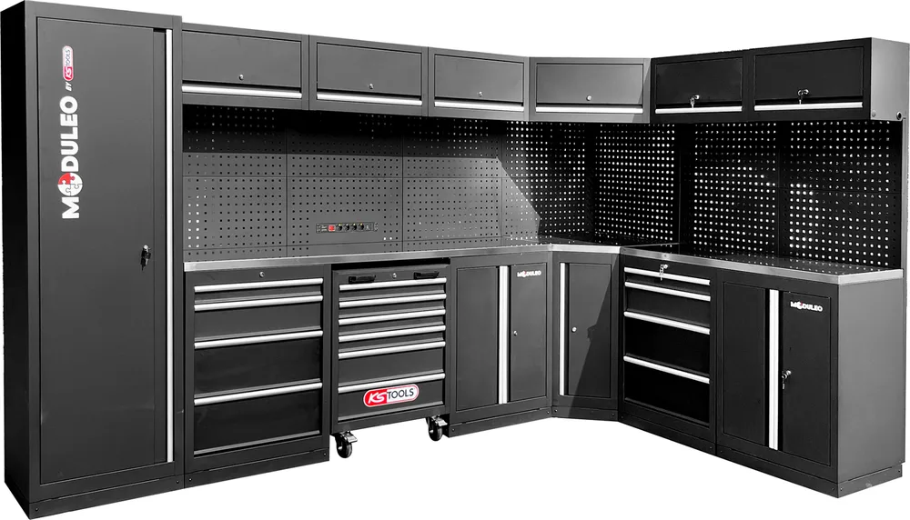 MODULEO Dielenský skriňový systém, tvar L, 3400 x 2120 mm, variant 1 KS Tools 866.6210