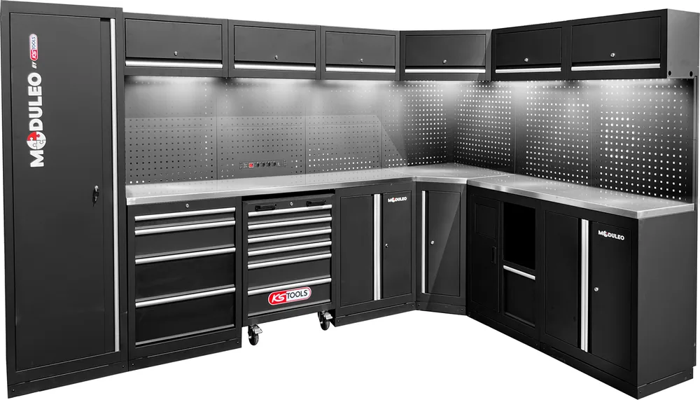 MODULEO Dielenský skriňový systém, tvar L, 3400 x 2120 mm, variant 2 KS Tools 866.6220