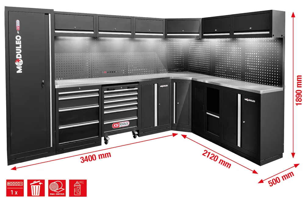 MODULEO Dielenský skriňový systém, tvar L, 3400 x 2120 mm, variant 2 KS Tools 866.6220