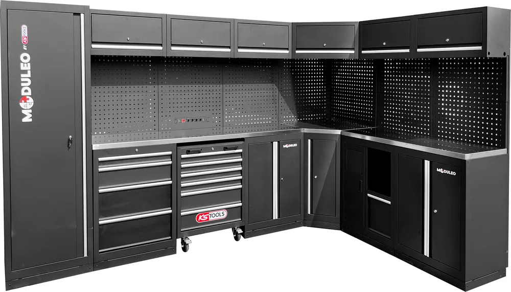 MODULEO Dielenský skriňový systém, tvar L, 3400 x 2120 mm, variant 2 KS Tools 866.6220