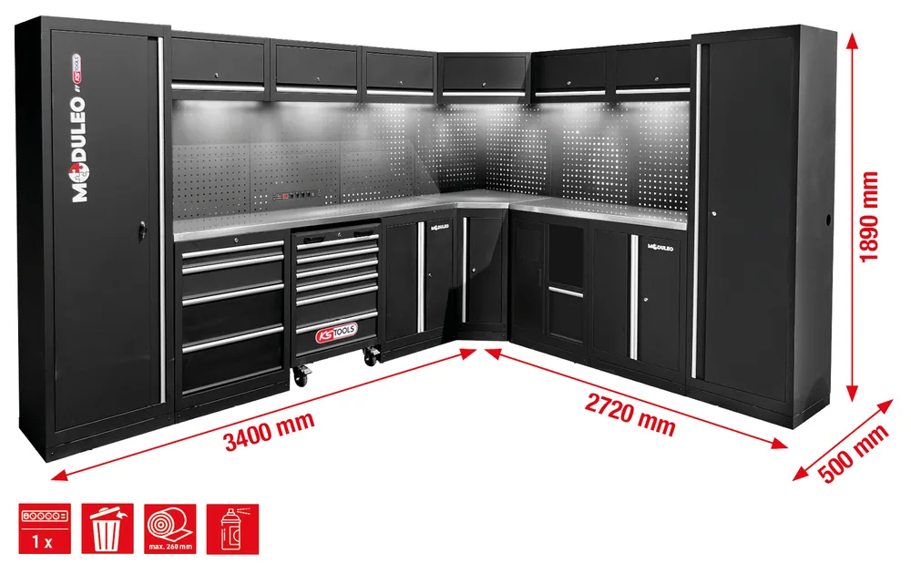 MODULEO Dielenský skriňový systém, tvar L, 3400 x 2720 mm, variant 1 KS Tools 866.6215