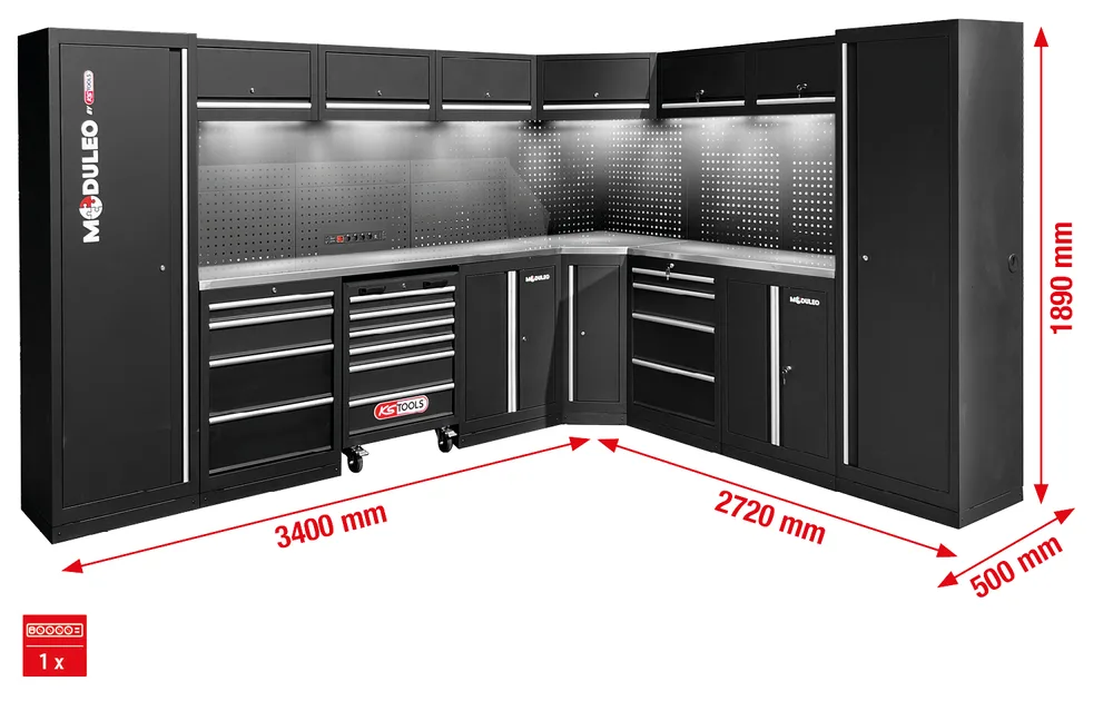 MODULEO Dielenský skriňový systém, tvar L, 3400 x 2720 mm, variant 2 KS Tools 866.6225