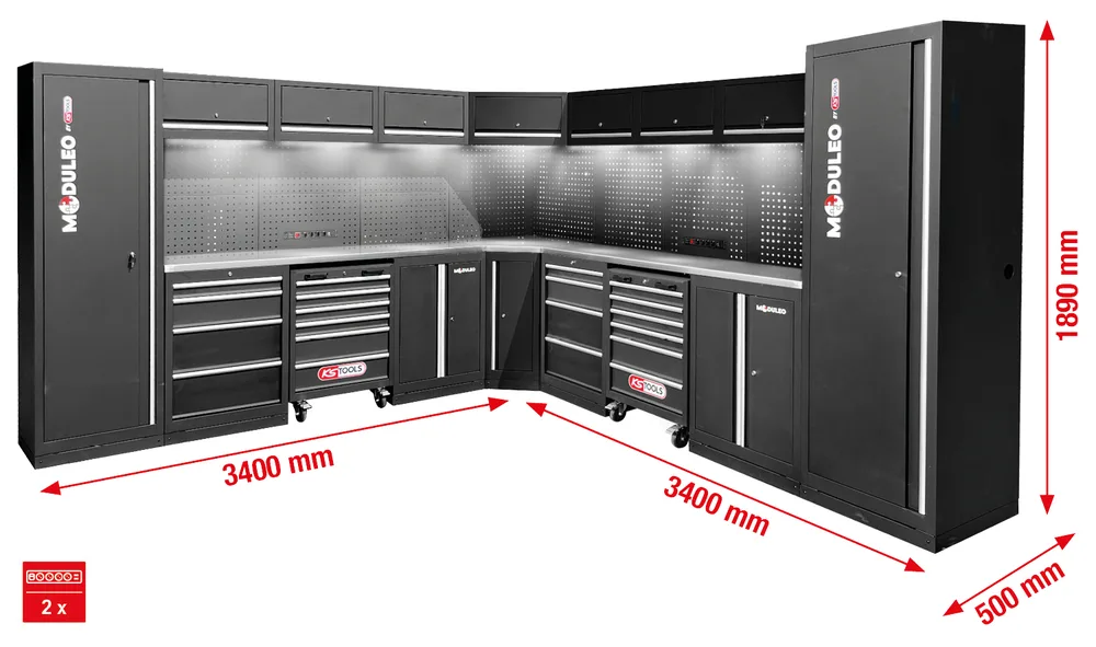 MODULEO Dielenský skriňový systém, tvar L, 3400 x 3400 mm KS Tools 866.6285