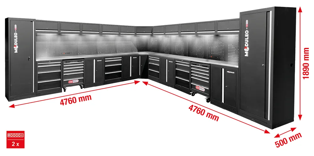 MODULEO Dielenský skriňový systém, tvar L, 4760 x 4760 mm KS Tools 866.6295