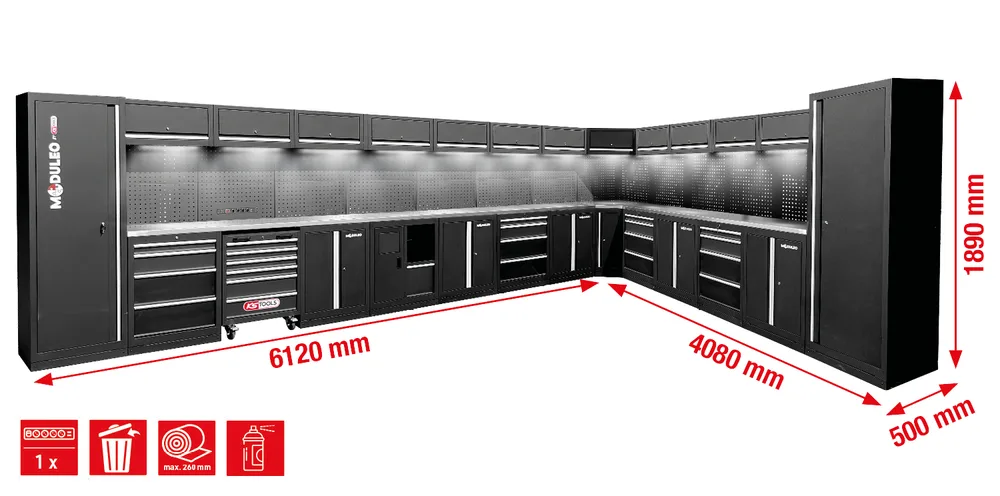 MODULEO Dielenský skriňový systém, tvar L, 6120 x 4080 mm KS Tools 866.6305