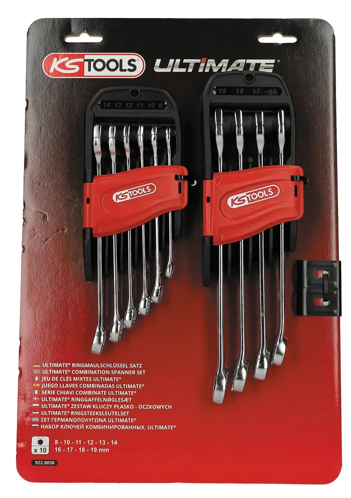 Sada 10 metrických kombinovaných kľúčov na stojane, 8 až 19 mm KS Tools 922.0050