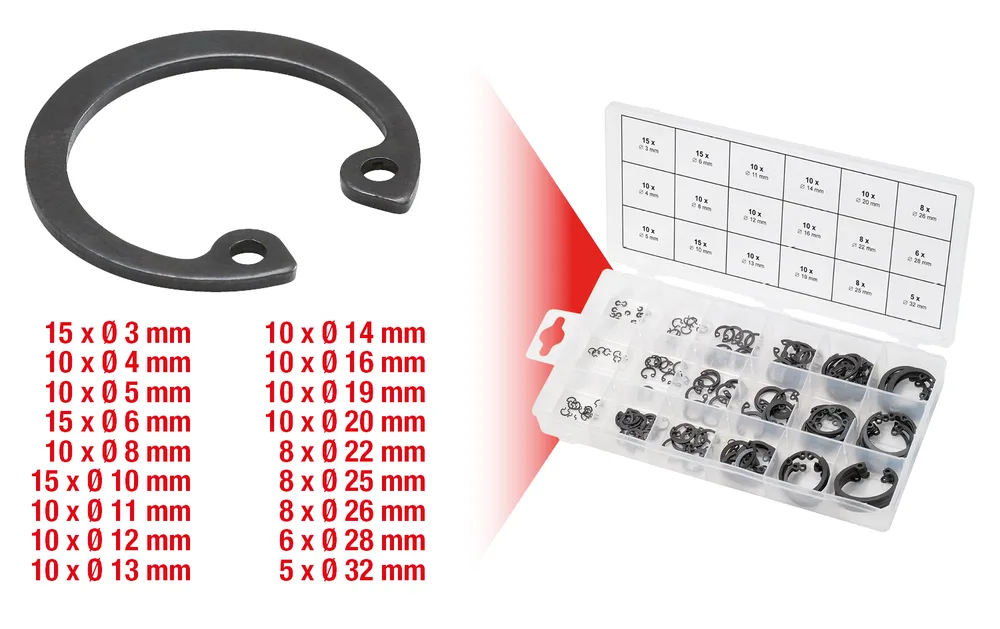 Sortiment rozperných krúžkov, vnút. Ø 3-32mm, 180-dielny KS Tools 970.0090