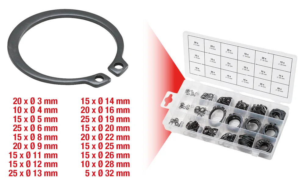 Sortiment rozperných krúžkov, vonk. Ø 3-32mm, 300-dielny KS Tools 970.0100