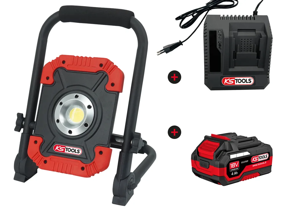 Stavebný LED reflektor na batériu s batériou 18 V, 4 Ah a rýchlou nabíjačkou KS Tools 150.4358F-A1