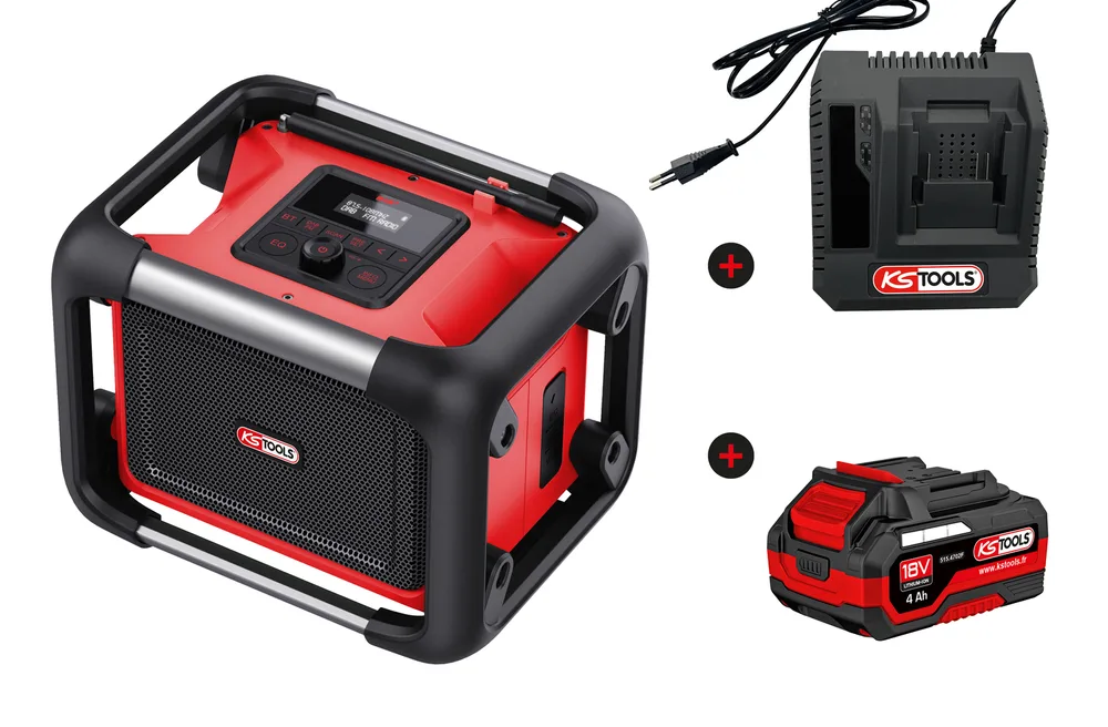 Stavebný reproduktor s 18 V 4 Ah batériou a rýchlonabíjačkou KS Tools 100172F-A1