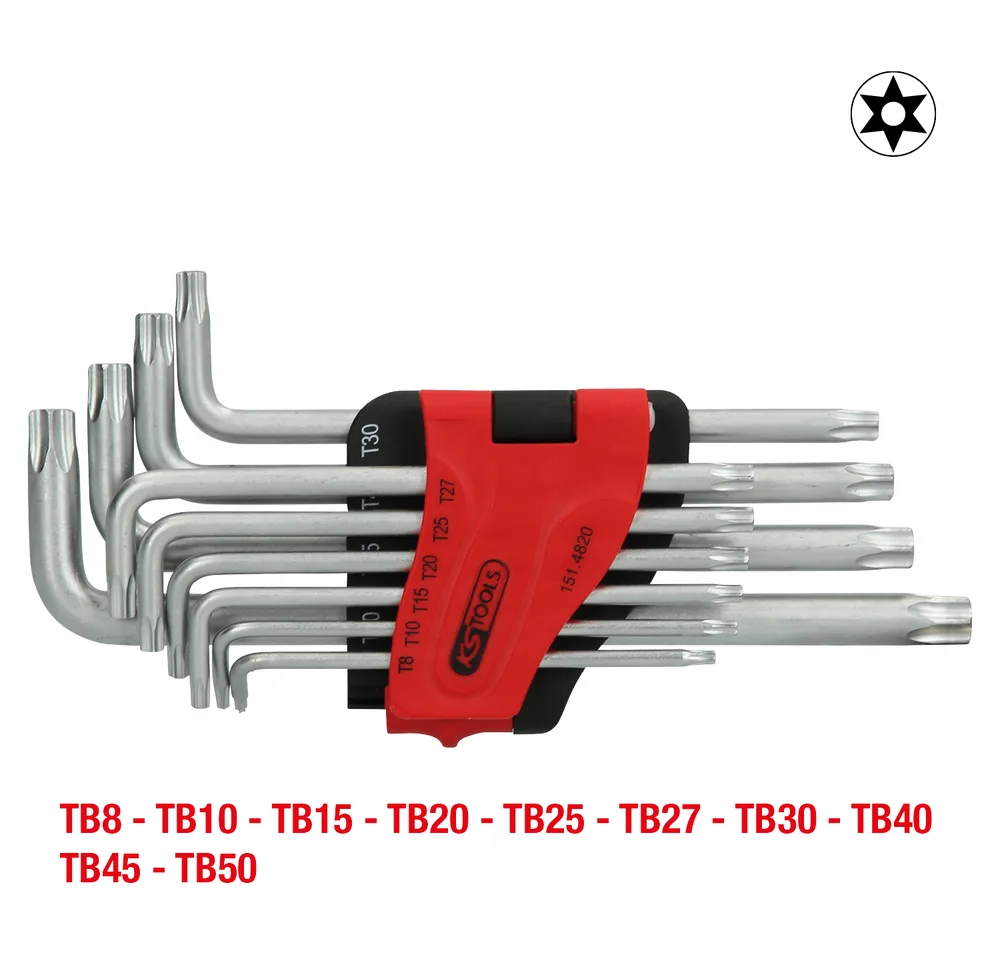Súprava dlhých zahnutých kľúčov Torx s otvorom TB8–TB50, 10-dielna KS Tools 151.4820