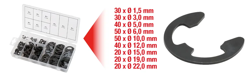 Súprava E-poistných krúžkov Ø 1,5–22 mm, 300-dielna KS Tools 970.0110