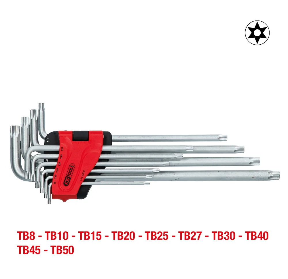 Súprava extra dlhých zahnutých kľúčov Torx s otvorom TB8–TB50, 10-dielna KS Tools 151.4800