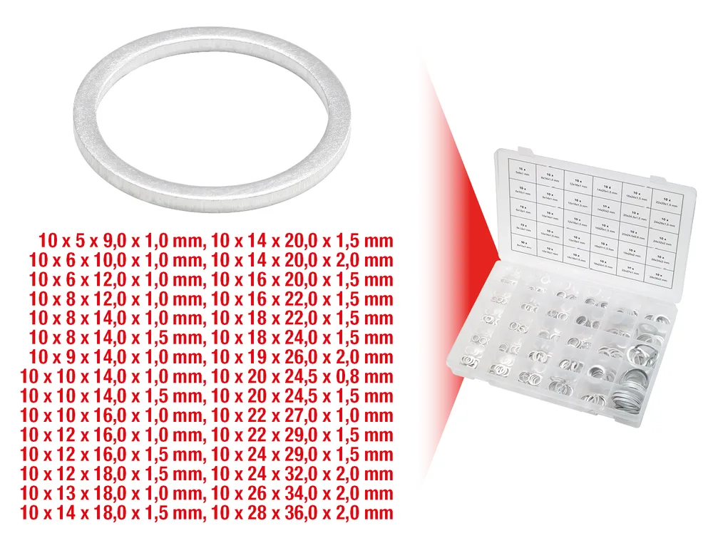 Súprava hliníkových tesniacich krúžkov M5–M28, 300-dielna KS Tools 970.0160