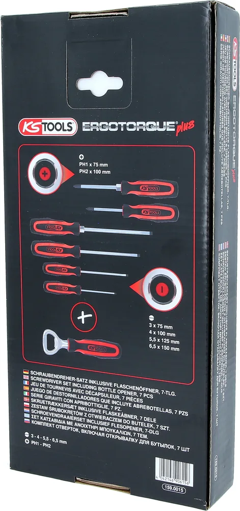 Súprava skrutkovačov ERGOTORQUEplus vrátane otvárača na fľaše, 7-dielna, drážka, PH KS Tools 159.0015