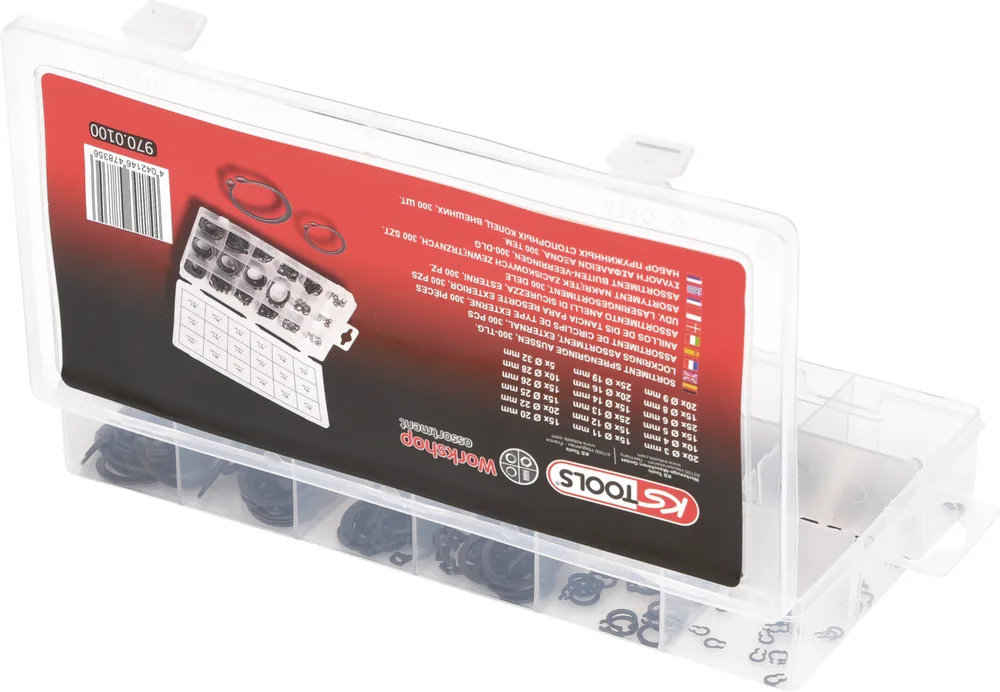 Súprava vonkajších poistných krúžkov Ø 3–32 mm, 300-dielna KS Tools 970.0100