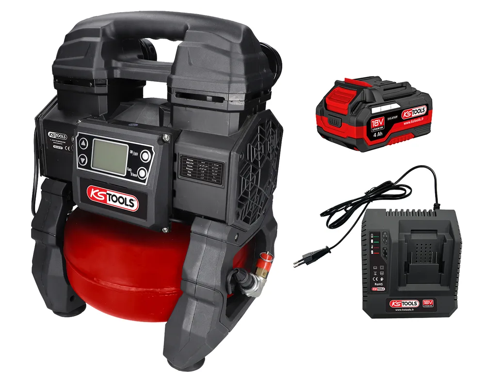 Tichý prenosný kompresor s objemom 5 l, napájaný z batérie s kapacitou 4 Ah, vrátane nabíjačky KS Tools 165.0816F-A1