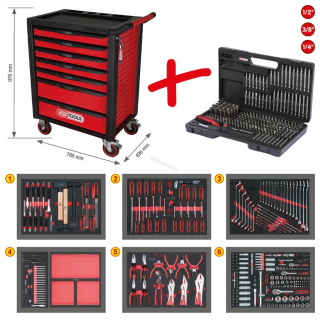 KS Tools RACINGline ČIERNY/ČERVENÝ DIELENSKÝ VOZÍK SO 7 ZÁSUVKAMI A 598 DIELMI PRÉMIOVÉHO NÁRADIA 826.7598