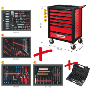 KS Tools RACINGline ČIERNY/ČERVENÝ dielenský vozík so 7 zásuvkami a 515 dielmi prémiového náradia 826.7515